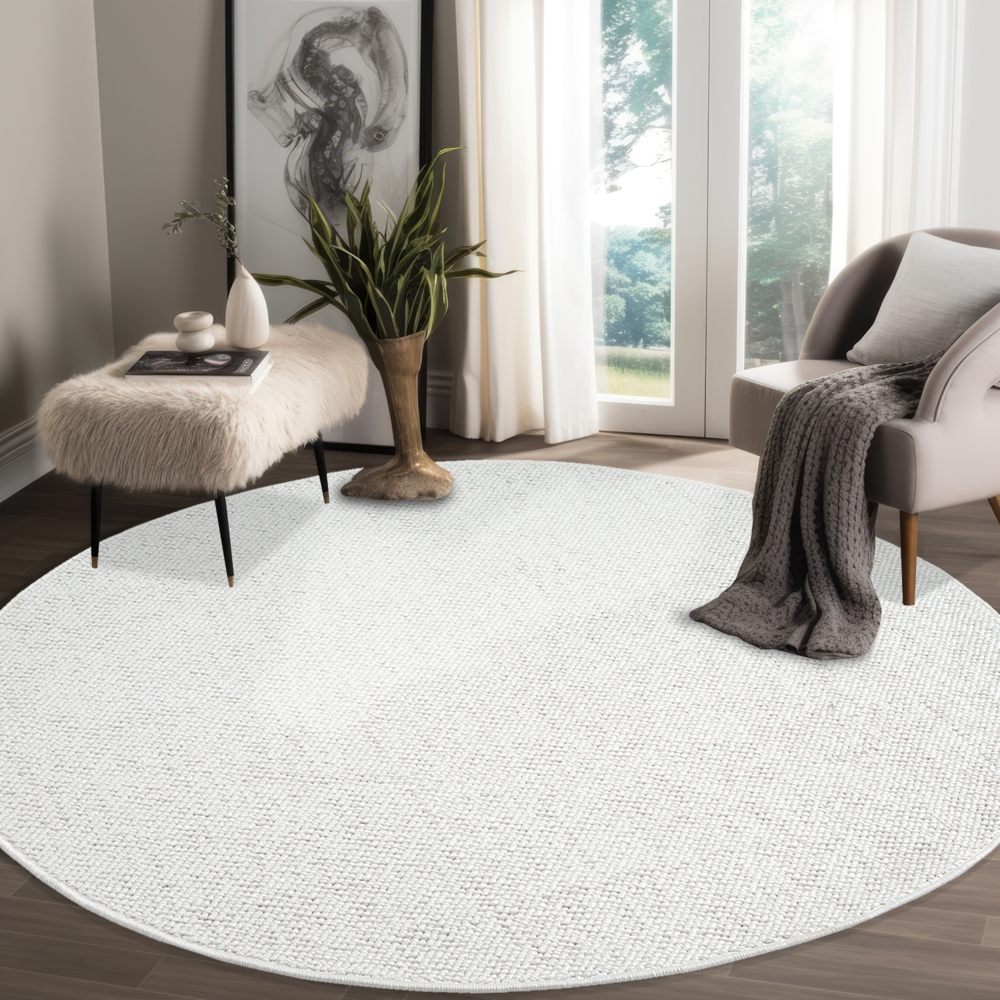 Teppich Rund - 200x200cm - Weiß Creme - Boho Style - Modern - Flachflor Wohnteppich Schlafzimmer Deko Bild 1