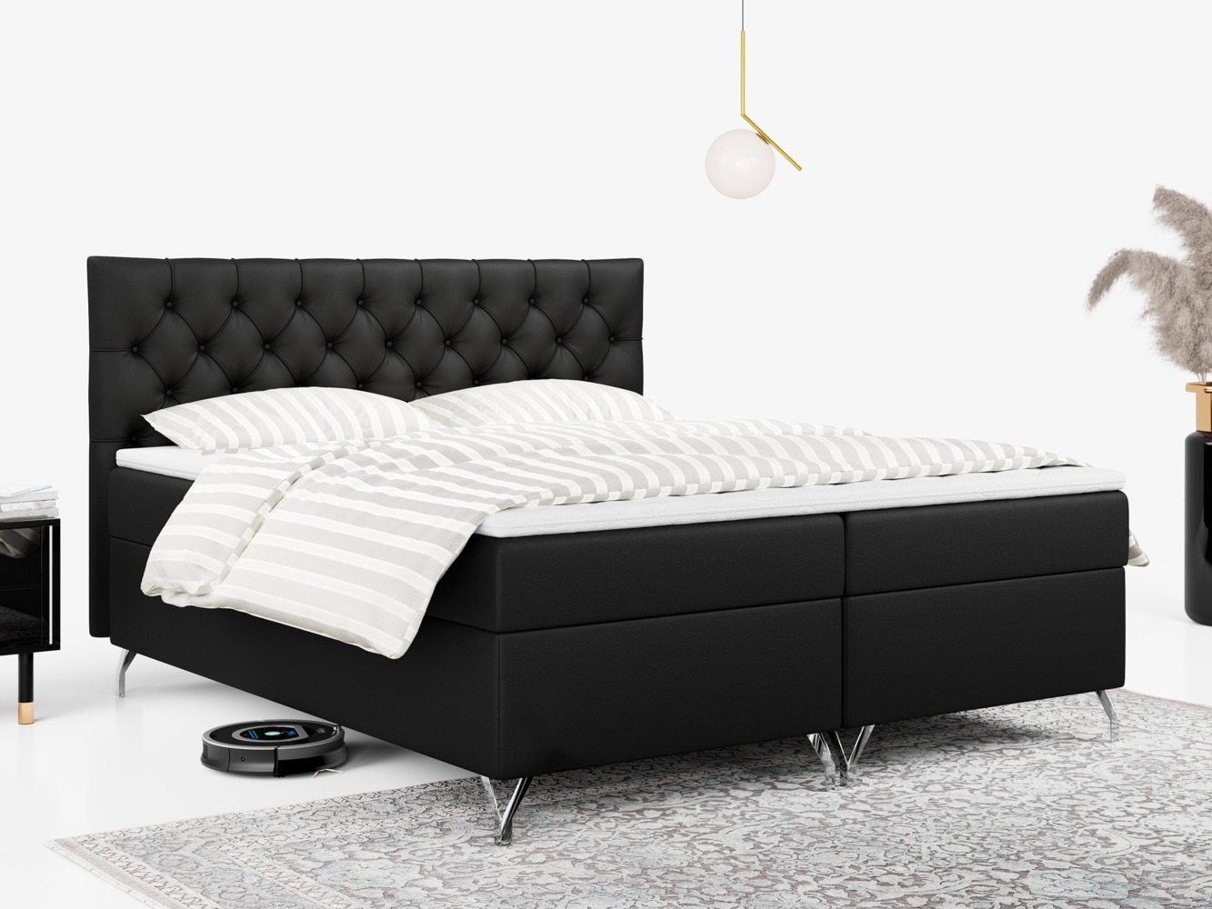 Boxspringbett mit Kopfteil und Topper, Polsterbett - GRIMALDI - 180 x 200 cm - Schwarz Kunstleder - H3 Bild 1