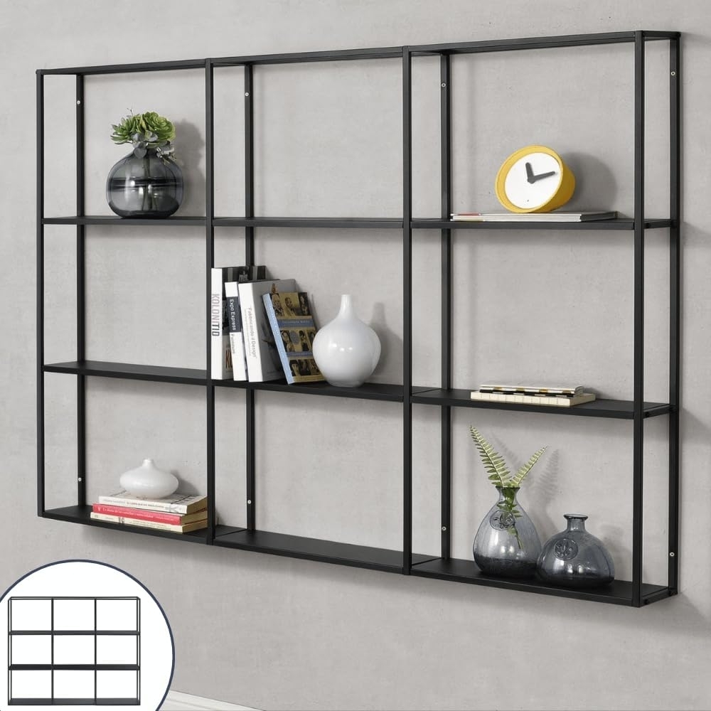 DELUKE® Wandregal Schwarz Metall RUCOM - 130x18x110cm Hängeregal Metall Schweberegal Schwarz Bücherregal Wand hängend Fächerregal schwebend Bild 1