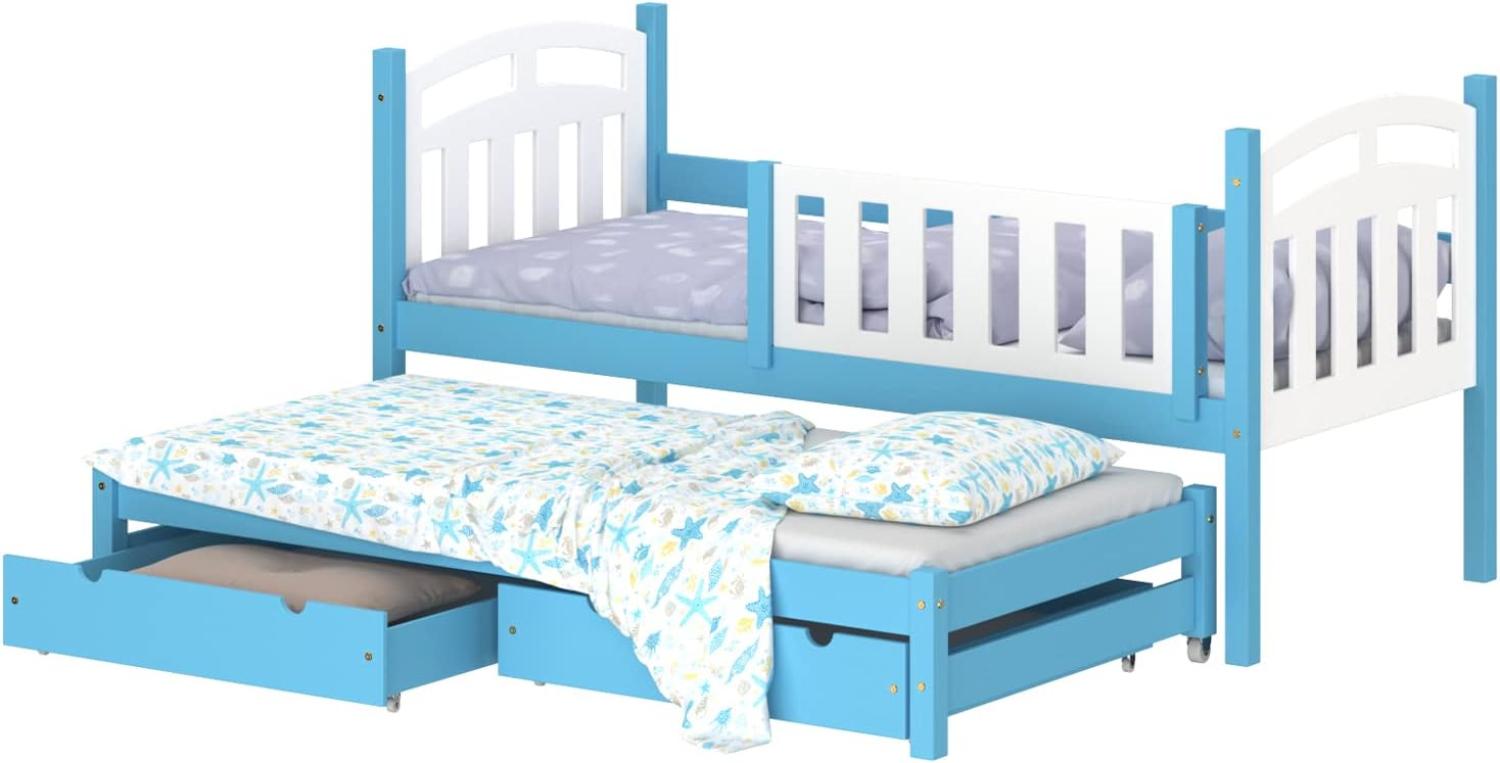 WNM Group Kinderbett Ausziehbar mit Rausfallschutz und Lattenrost Suzie - aus Massivholz - Ausziehbett fr Mdchen und Jungen - Funktionsbett 180x90/170x90 cm - Blau Bild 1