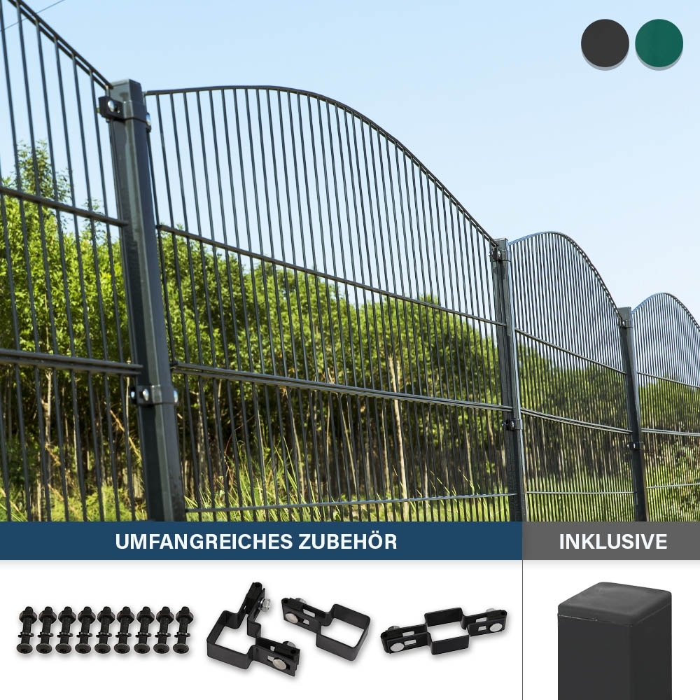 HOME DELUXE Doppelstabmattenzaun Schmuckzaun Berg inkl. Eckpfosten Anthrazit/Grün MORATA - 160 cm x 20m 3x Eckpfosten Bild 1