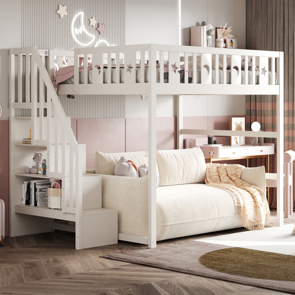 Merax Hochbett Etagenbett für Kinder 140*200 mit Treppe, Kinderbett aus Massivholz mit Sicherheitsgeländer, Stern- und Monddekoration, Weiß Bild 1