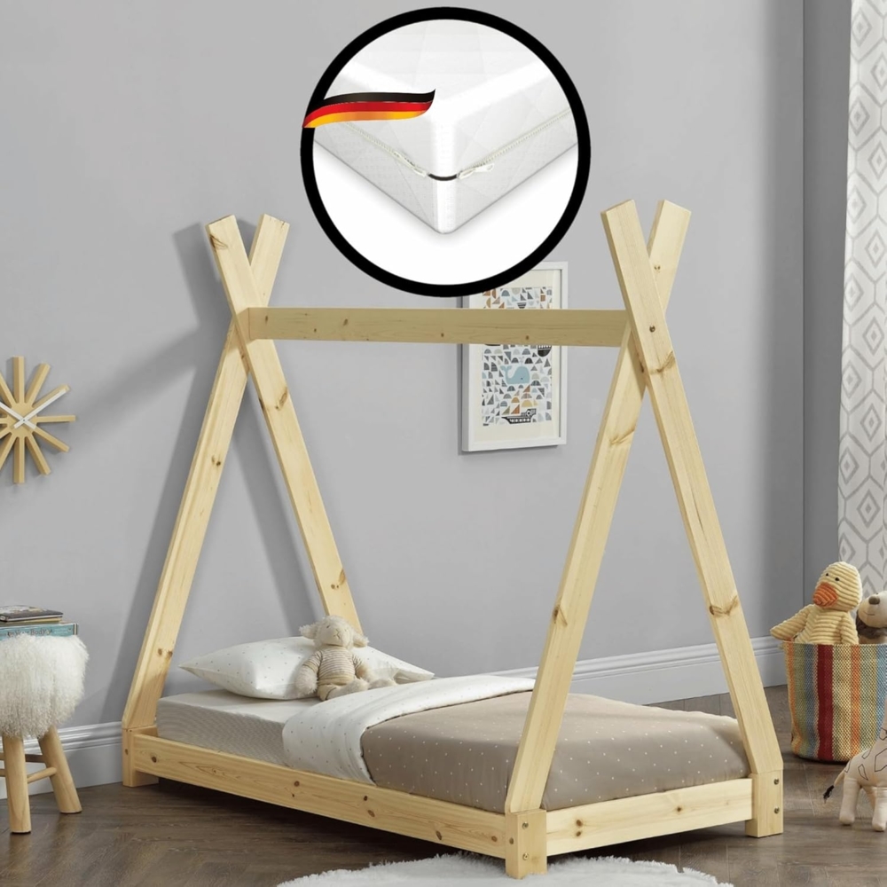 DELUKE® Kinderbett 70x140 YONA - mit Matratze Lattenrost Tipi-Optik Einzelbett Tipibett Hausbett Kinderzimmer Bodenbett Montessori Bett Braun Bild 1