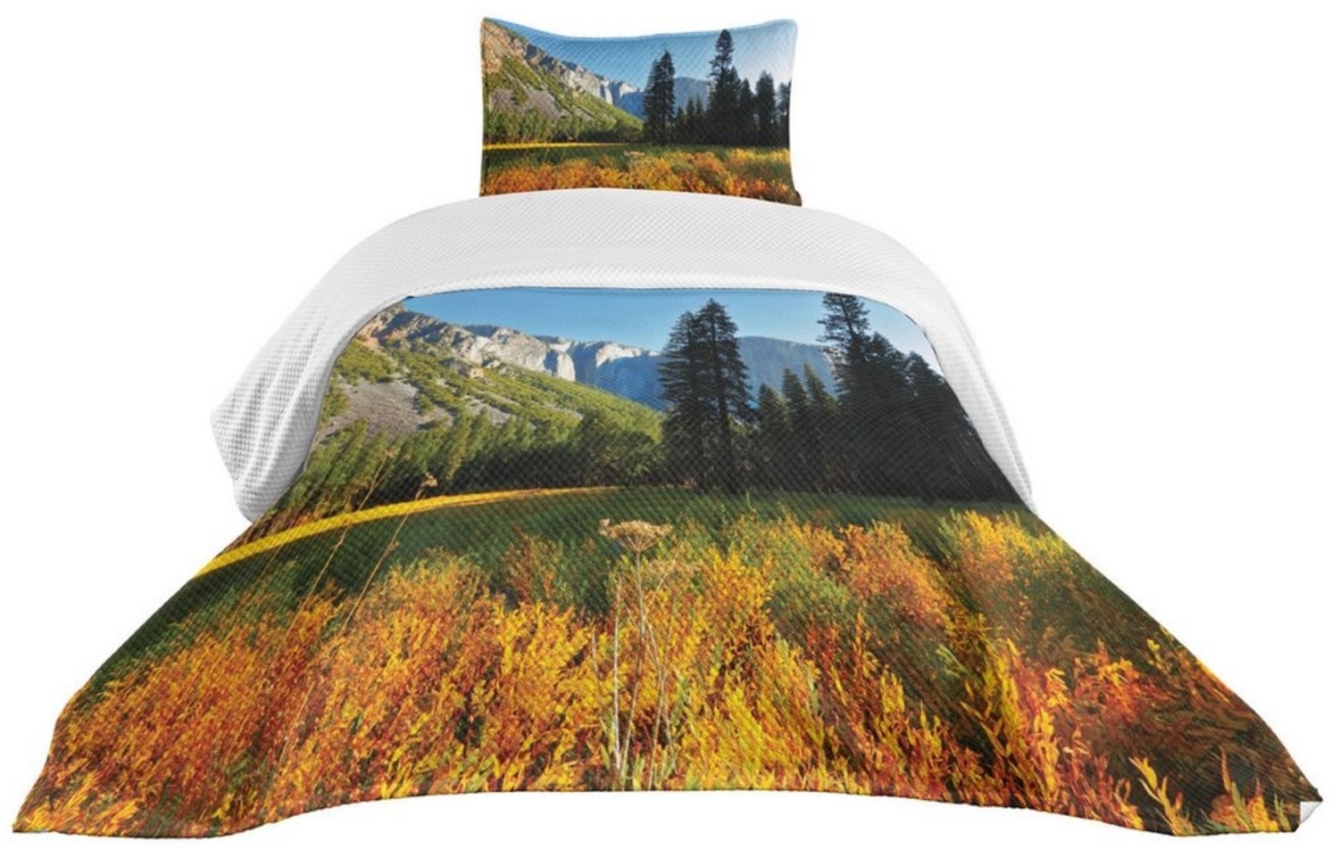 Abakuhaus Tagesdecke Set mit Kissenbezügen Waschbar, Natur Vögel über Berge Bild 1