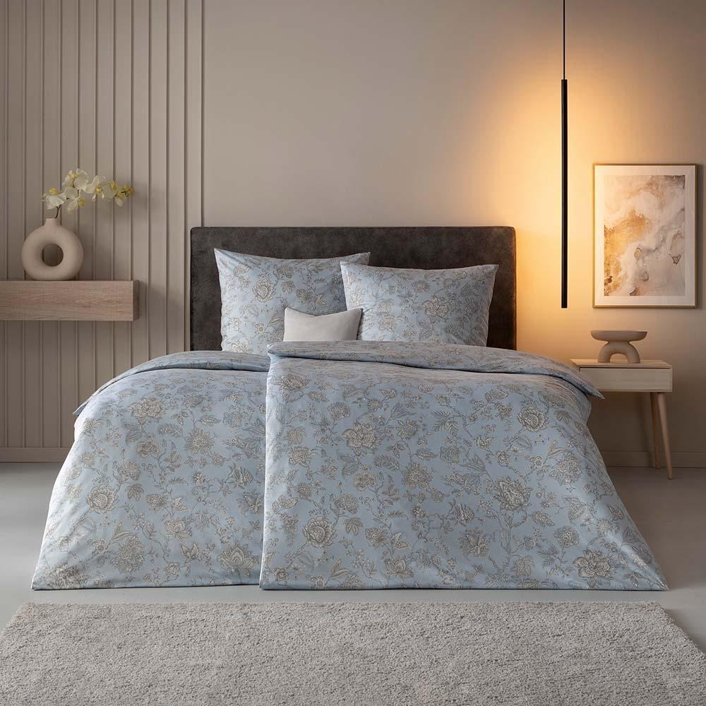 Estella Mako Jersey Bettwäsche 155x220 Valeria graphit Blumen rauchblau 6343-840 Bild 1