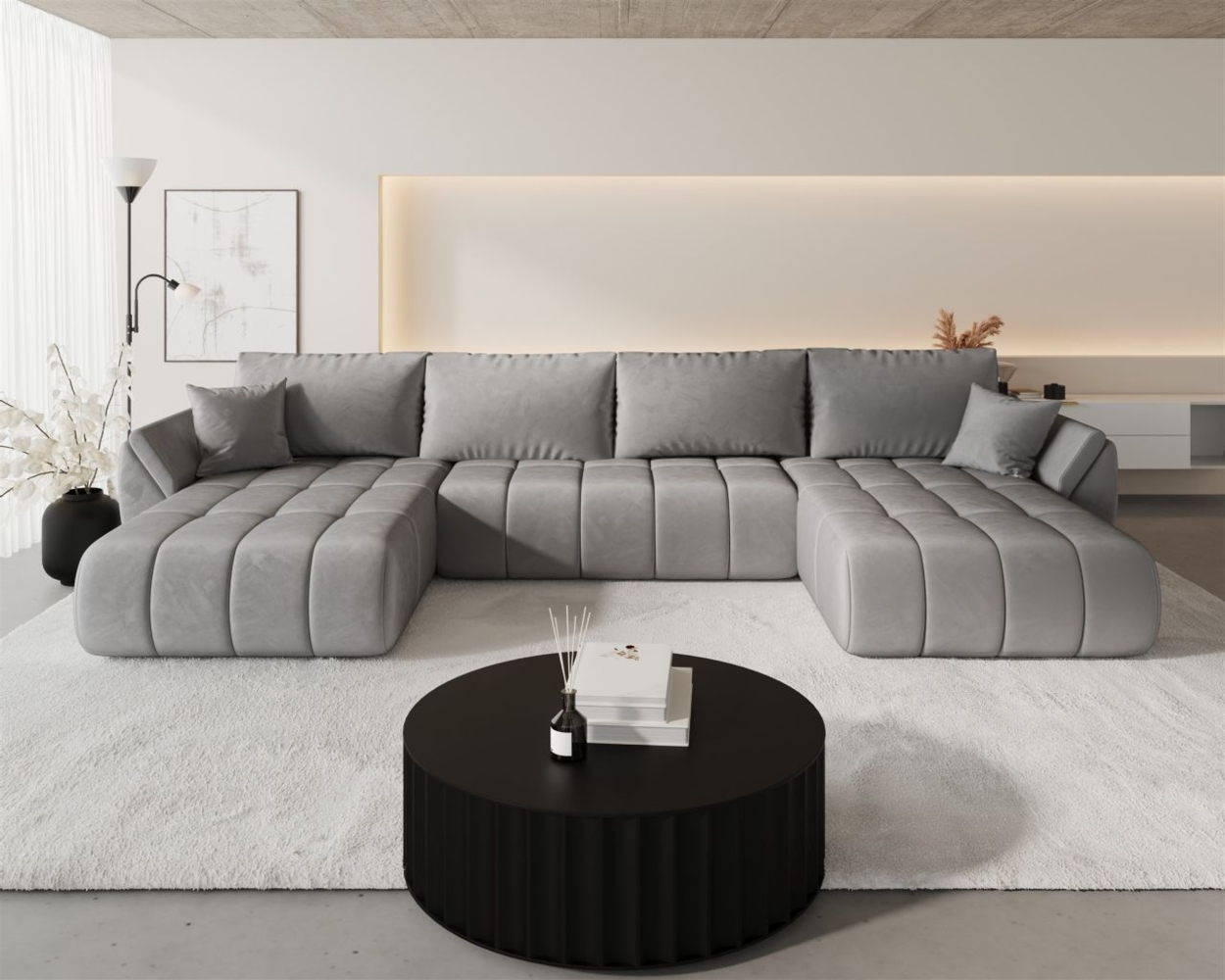 Wohnlandschaft Sofa mit Schlaffunktion MISATO Stoff Monolith Hellgrau Bild 1