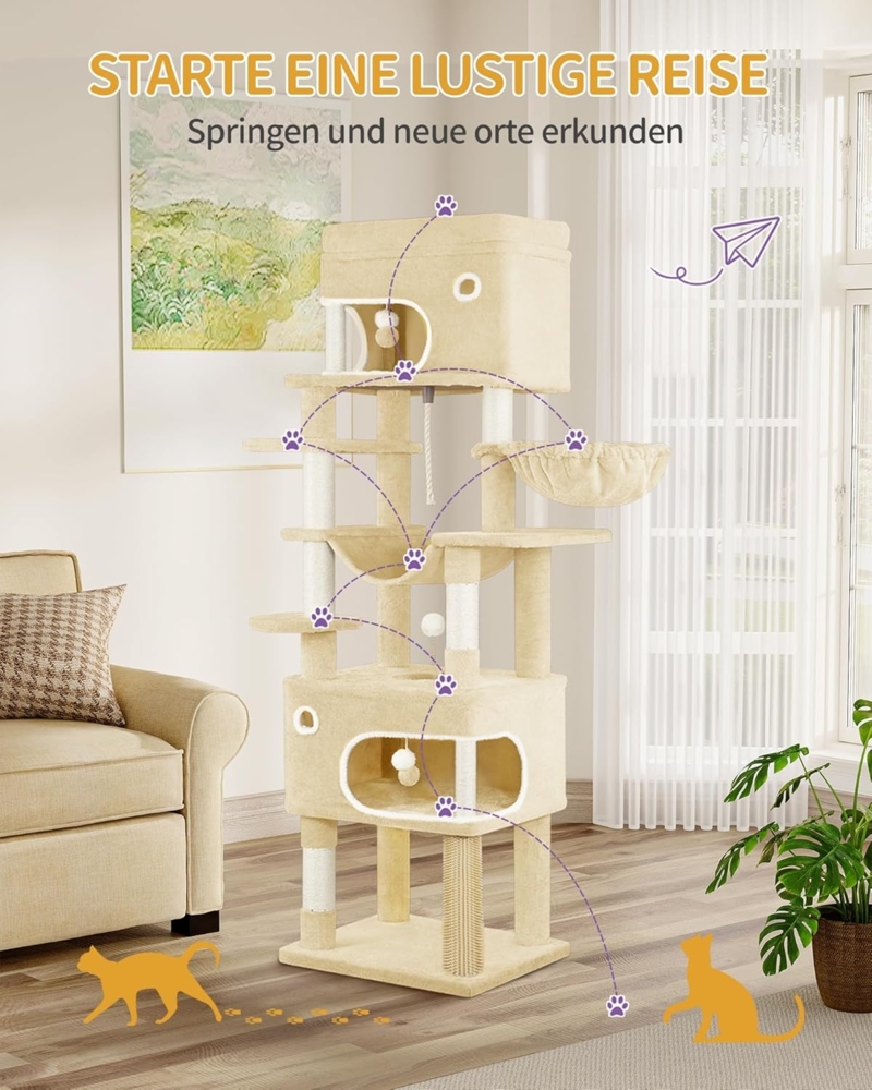 Kratzbaum, 178 cm Katzenbaum mit großer Plattform, 2 Höhlen, 7 Kratzsäulen, Pompons, Liegemulden, Hängematte, Geeignet für alle Katzenrassen, Beige Bild 1