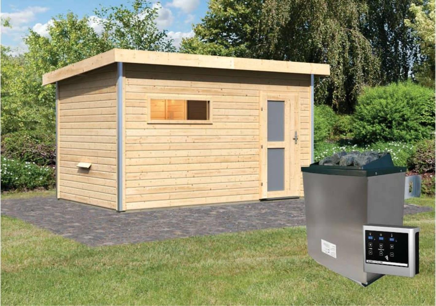 Karibu Sauna Skrollan 3 naturbelassen + 9 kW Saunaofen mit ext. Steuerung Easy Milchglastür Bild 1