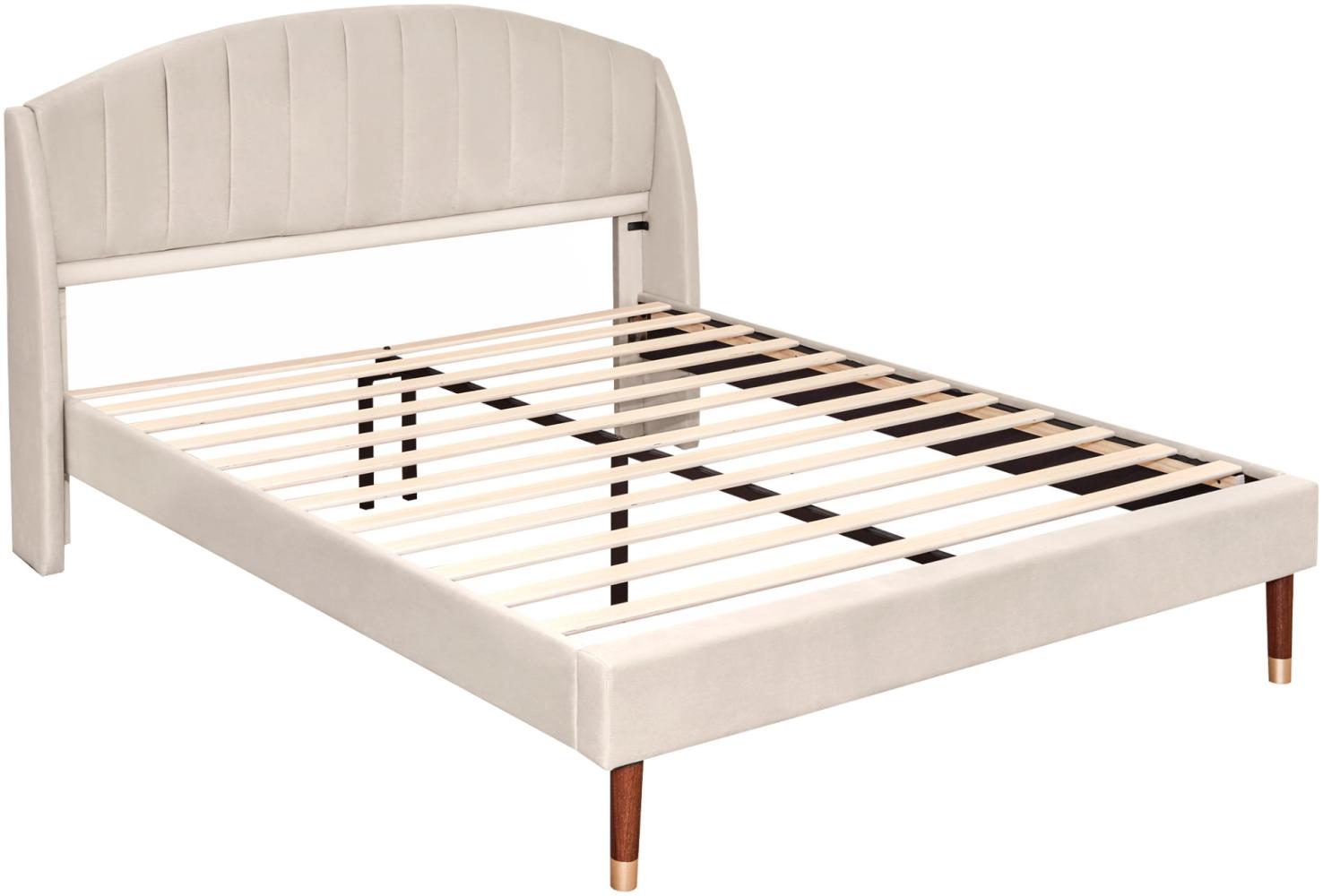 Merax Polsterbett 160x200 Ohrform Doppelbett aus Samt mit Kopfteil & Lattenrost Beige Bild 1