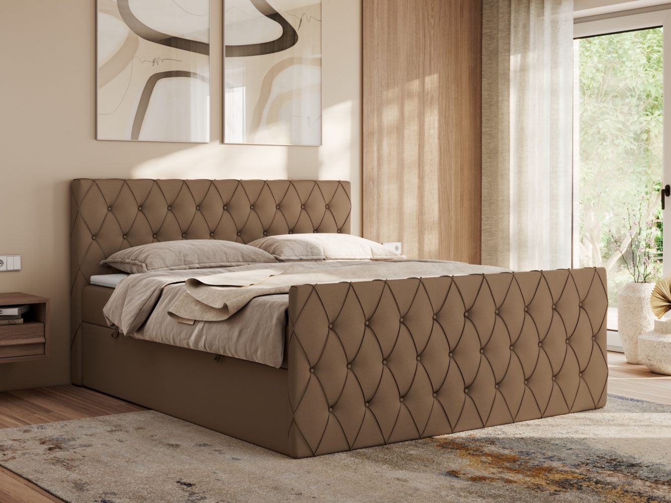 Boxspringbett mit gesteppter Front und Kopfteil, Multipocket-Matratze, zwei Bettkästen - MIREN DUO - 140 x 200 cm - Braun Kunstleder - H3 Bild 1