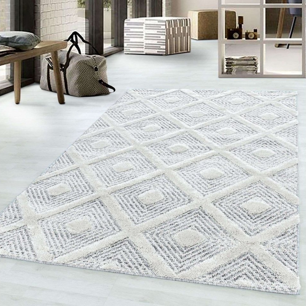 TaraCarpet Designteppich Designerteppich Tokio hoch-tief Struktur Karos mit Punkten weiß-grau, rechteckig, Höhe: 20 mm, moderner scandi boho Karos w grau Wohnzimmer Schlafzimmer Flur 080x150 Bild 1