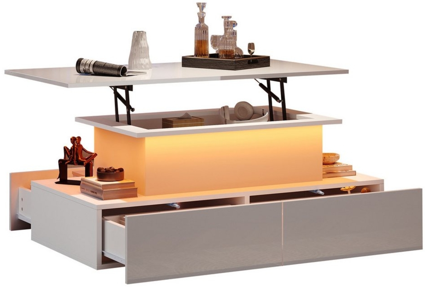 REDOM Couchtisch mit Stauraum (Satztisch, Wohnzimmertisch, Beistelltisch, 1-St, 4 Schubladen, 1 versteckten Stauraum), Hochglanz-Couchtisch mit LED-Beleuchtung Bild 1