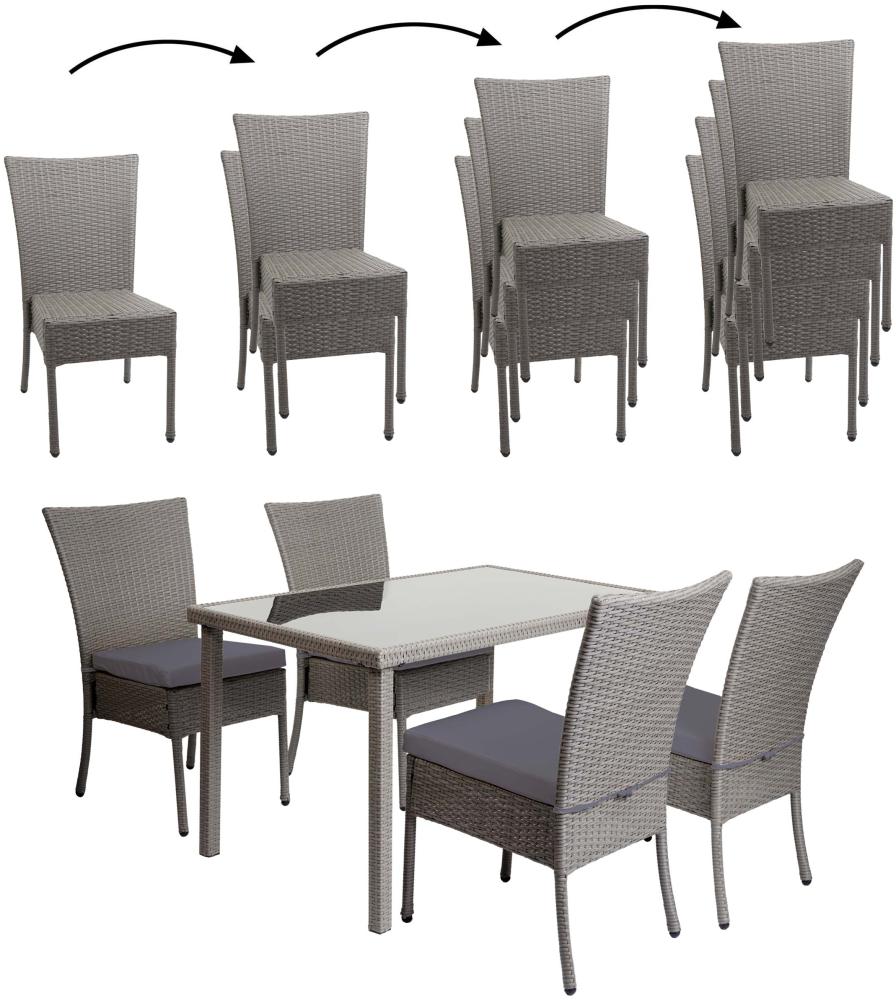 Poly-Rattan Garnitur HWC-G19, Sitzgruppe Balkon-/Lounge-Set, 4xStuhl+Tisch, 120x75cm ~ grau, Kissen dunkelgrau Bild 1