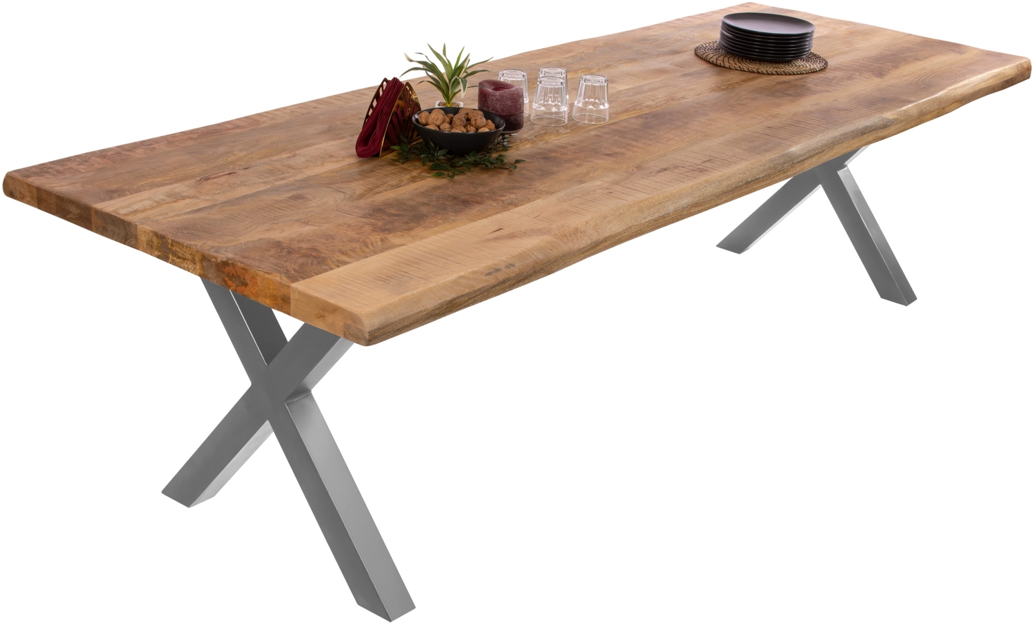Esstisch Baumkante massiv Mango 260 x 100 X-Gestell silber CALI 140108935 Bild 1
