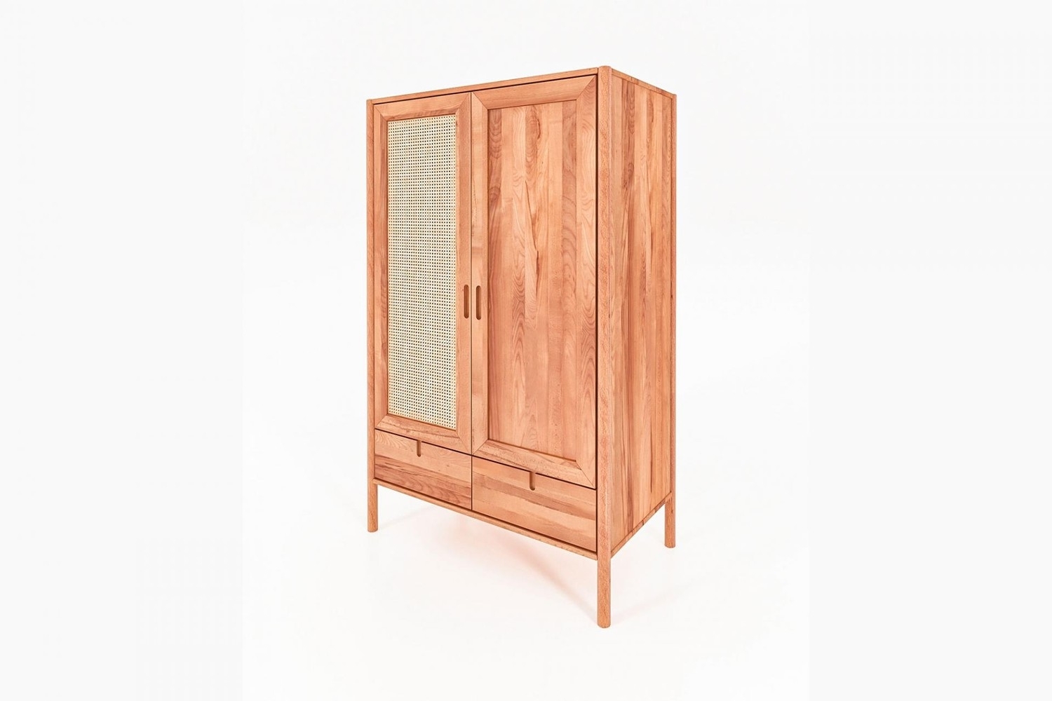 Kleiderschrank Zola Kernbuche massiv mit Rattan 108x175 mit 2 Türen 2 Schubladen Bild 1