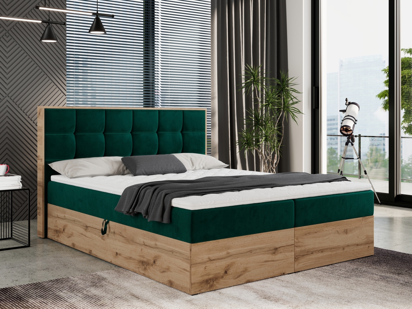 Boxspringbett mit Kopfteil und Topper, Polsterbett - ALBERO 1 - 180 x 200 cm - Dunkelgrün Velvet - H3 Bild 1