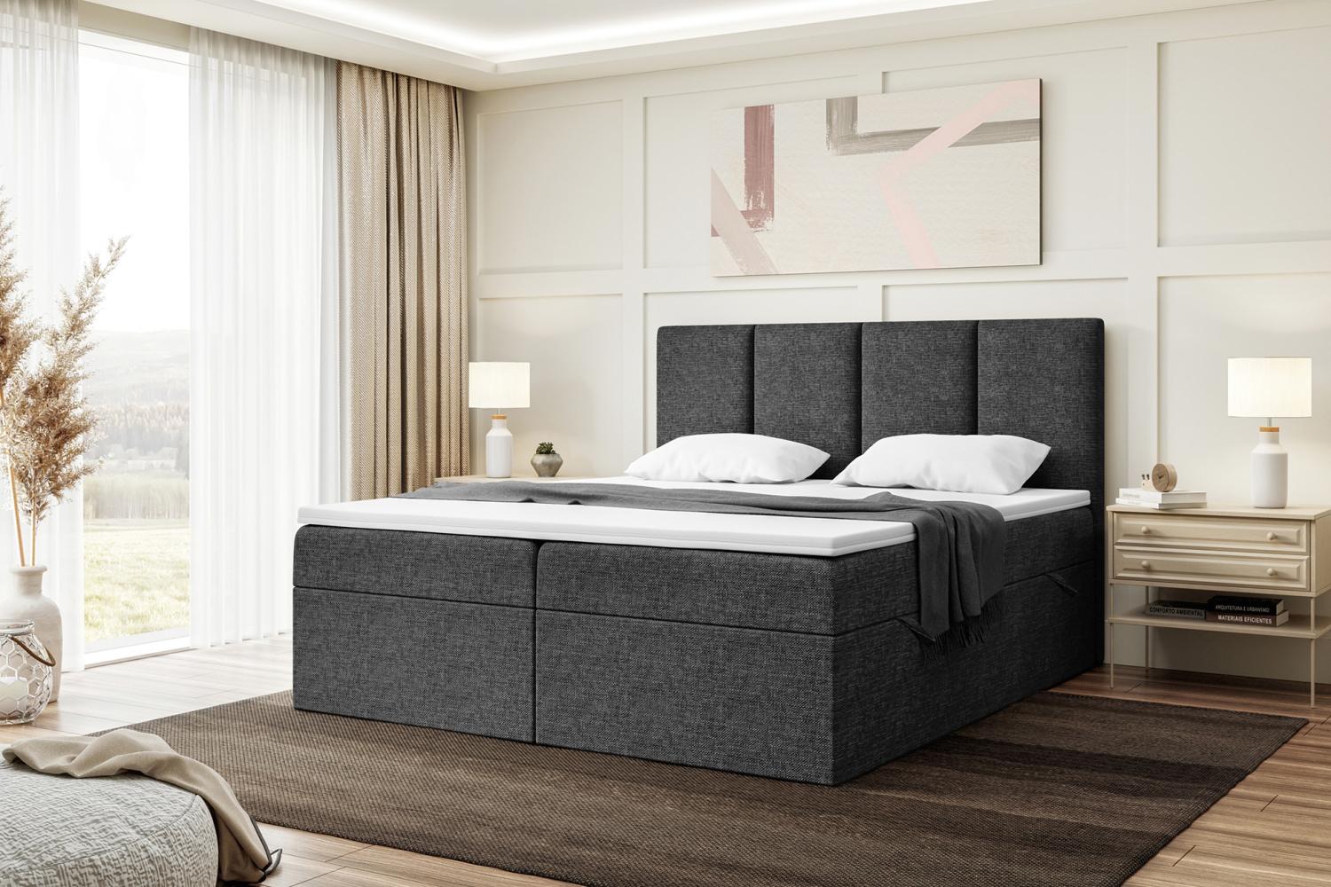 MEBLINI Boxspringbett CRISTIANO 160x200 cm mit Bettkasten - H4/Dunkelgrau Webstoff Polsterbett - Doppelbett mit Topper & Taschenfederkern-Matratze Bild 1