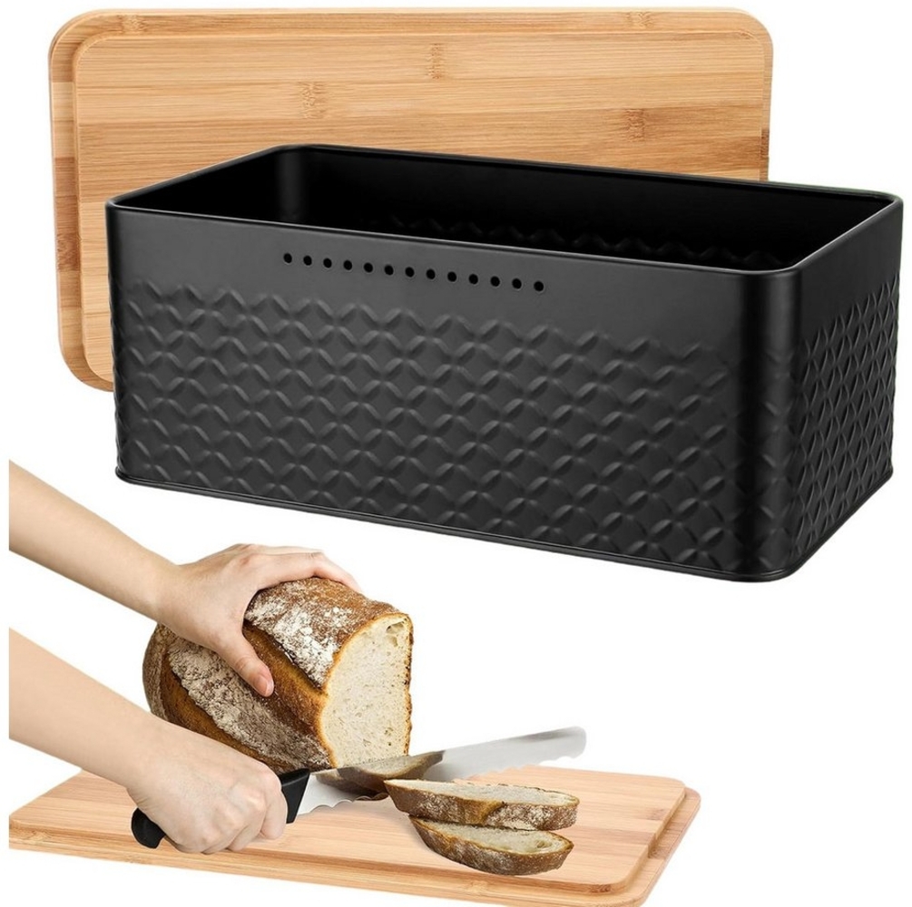 Refined Living Brotkasten Brotkasten aus Metall mit ökologischem Naturdeckel (als Schneidebrett), (Vorratsdosen Brotaufbewahrung Brotkorb Aufbewahrungsbox Brotkiste, 1-tlg, Extra lange Frische durch integrierte Belüftungslöcher Frische Schwarz), Brotbo... Bild 1