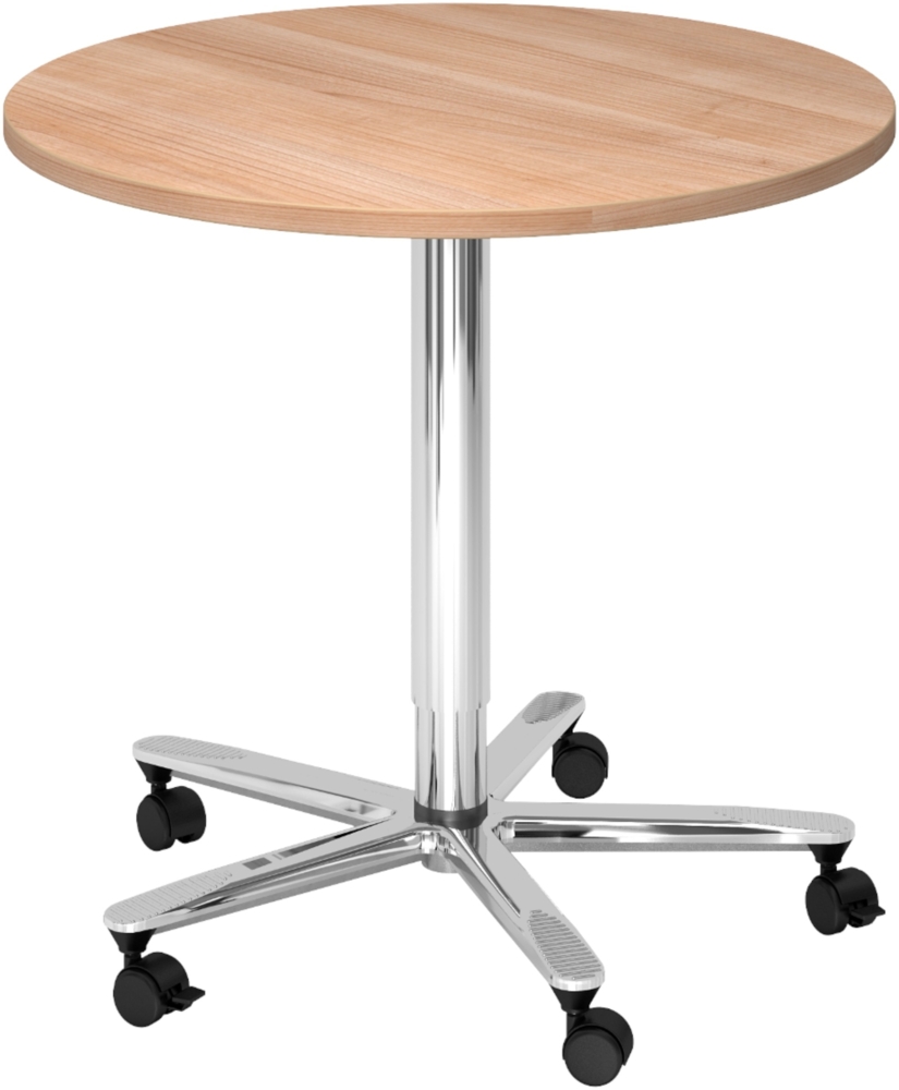 bümö Säulenhubtisch höhenverstellbar, Stehtisch Büro, Bistrotisch rund 80 x 80 cm - Besprechungstisch Nussbaum, Stehtisch Holz-Platte, Säule aus Metall verchromt, Säulentisch, Hochtisch, ST08-N-C Bild 1