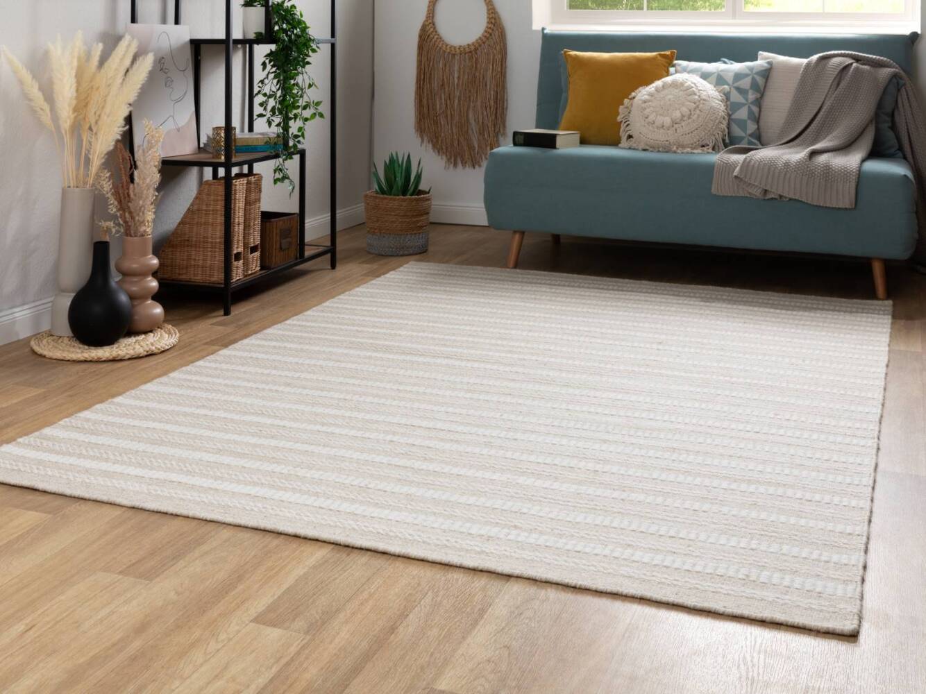 Handweb Teppich Habo - Schmale Streifen, Farbe: Beige, Größe: 120x180 cm Bild 1