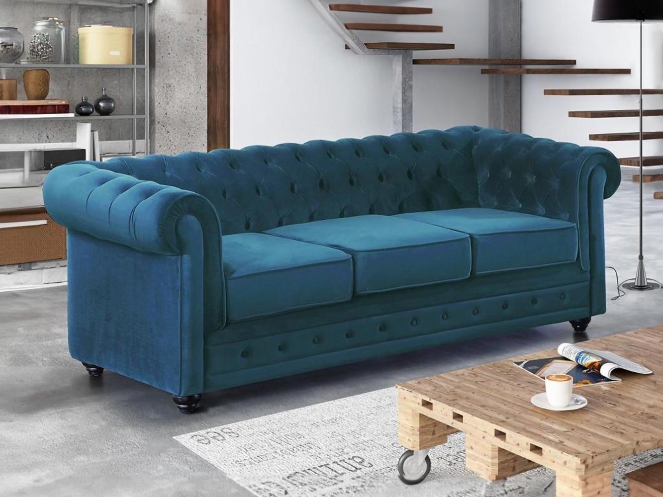 Vente-unique - Sofa 3-Sitzer - Samt - Grünblau - CHESTERFIELD Bild 1