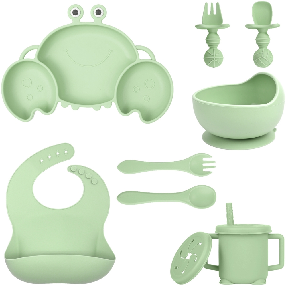 Silikon-Babygeschirr-Set mit Saugnäpfen, 8-teiliges Set, Kinder-Essgeschirr-Set, beinhaltet rutschfeste Teller, Schüsseln, Becher, Löffel und Gabeln, BPA-frei (grün). Bild 1