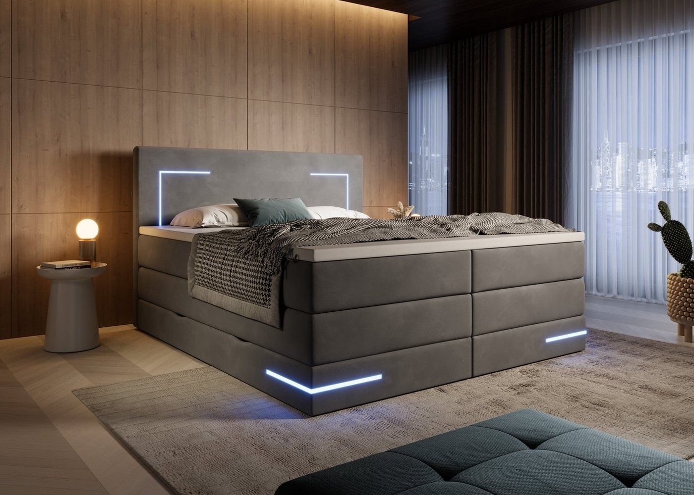 wonello Boxspringbett Detroit, Samt Bett mit LED Beleuchtung, Bettkasten und Topper Bild 1