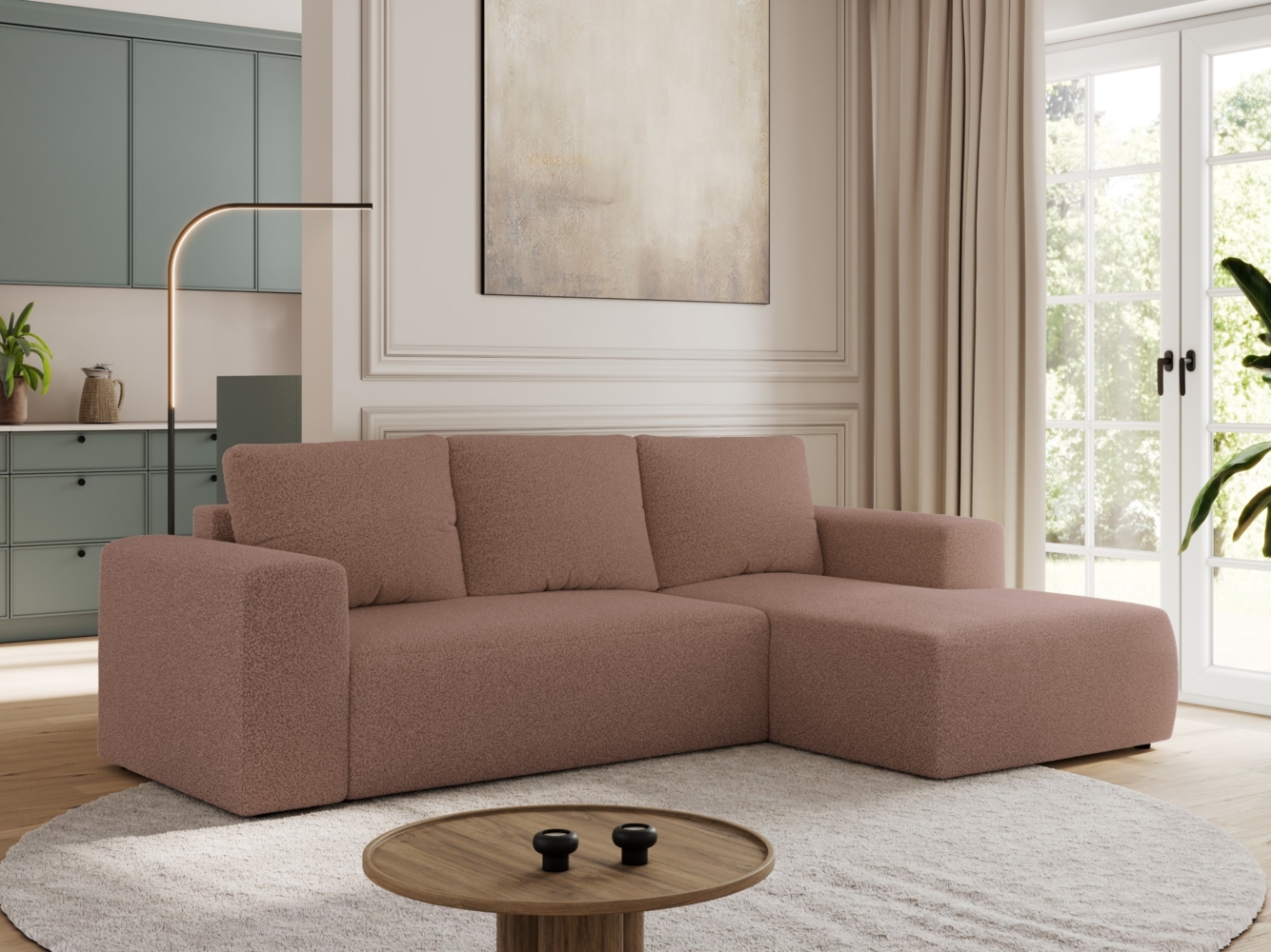 Ecksofa mit Schlaffunktion, Bettkasten und losen Kissen für das Wohnzimmer - TRENTINO - Rosa Boucle - rechts Bild 1