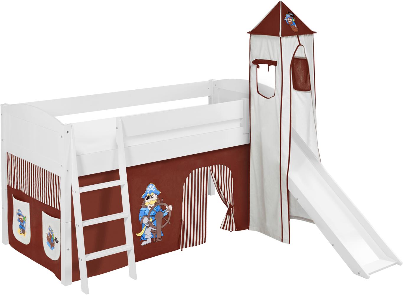 Lilokids 'Ida 4106' Spielbett 90 x 200 cm, Pirat Braun Beige, Kiefer massiv, mit Turm, Rutsche und Vorhang Bild 1