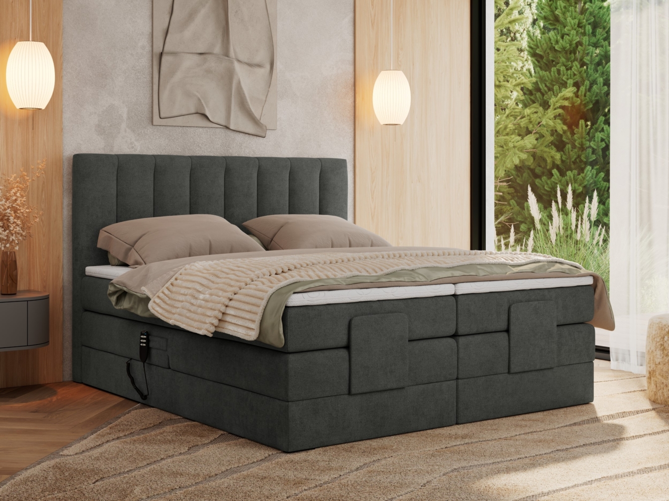 Boxspringbett mit elektrisch verstellbaren Matratzen, zwei Bettkästen und einem Topper - COMFORTO - 200 x 200 cm - Dunkelgrau Struktur - H3 Bild 1