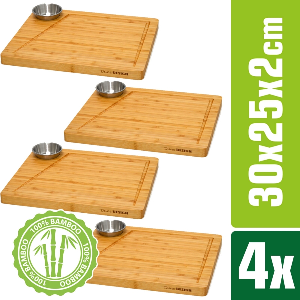 4er Set - Bambus-Servierbrett mit Dip-Schale - 30x25cm Steakbrett aus Holz Bild 1