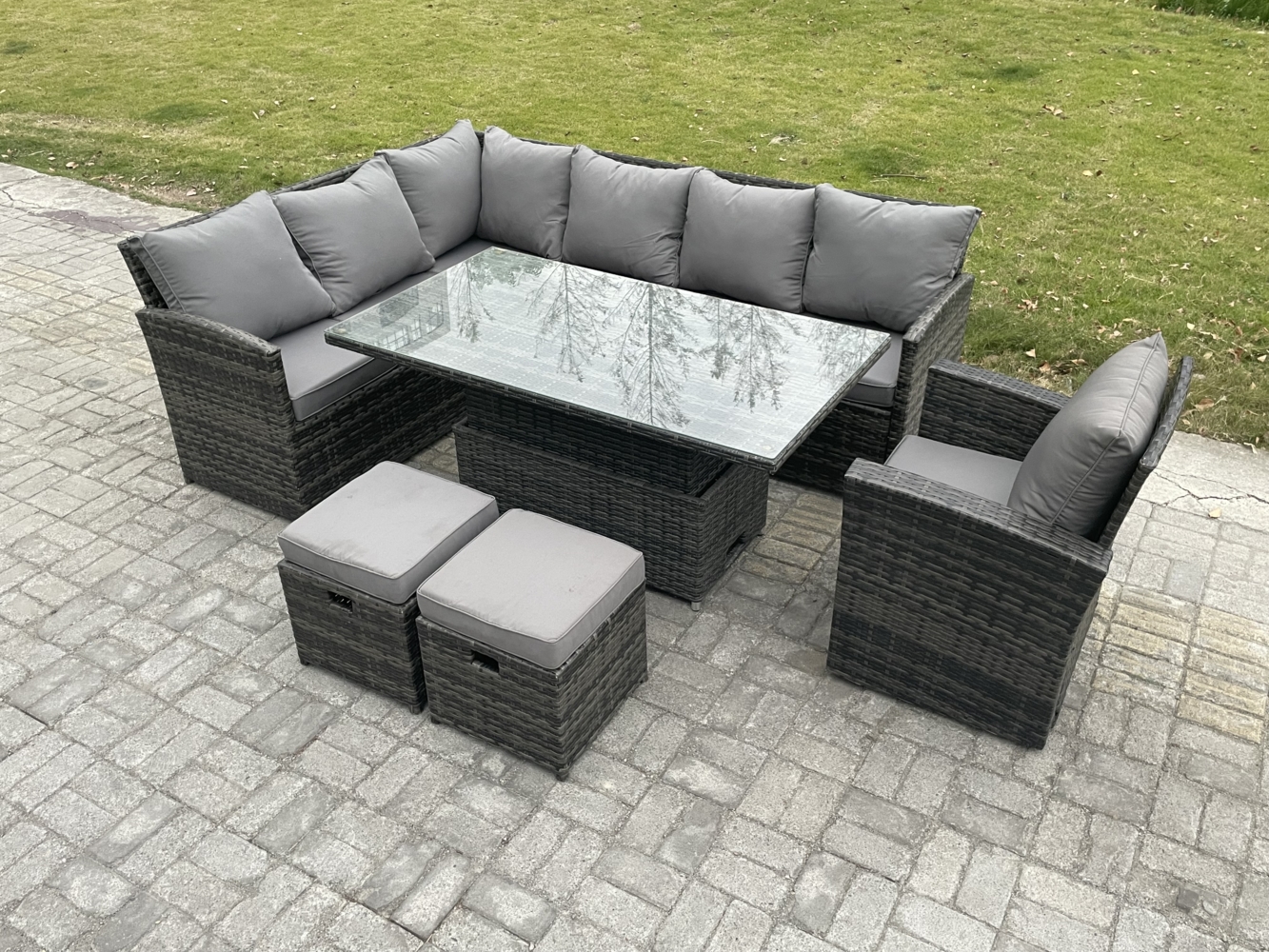 Fimous Gartenmöbel Set aus Polyrattan für den Außenbereich Höhenverstellbarer Esstisch Sofa Set mit 2 kleine Fußhockern Sesseln Dunkelgrau gemischt Bild 1