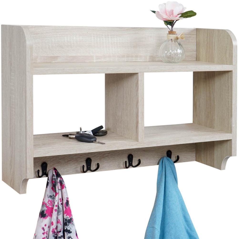 Wandgarderobe HWC-C68, Garderobe Regal, 4 Haken 2 Regalfächer, 41x60x19cm 3D-Struktur ~ Eiche-Optik Bild 1