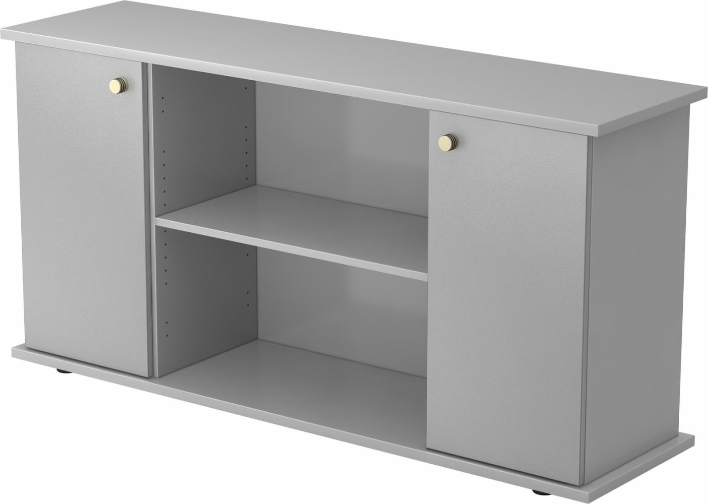 bümö Sideboard Grau/Silber mit Flügeltüren & Regal - Büromöbel Sideboard Holz 166cm breit, 45cm schmal, Büro Schrank für Flur oder als Wohnzimmer-Kommode mit Streifengriff, SB2T-5-S-SG Bild 1