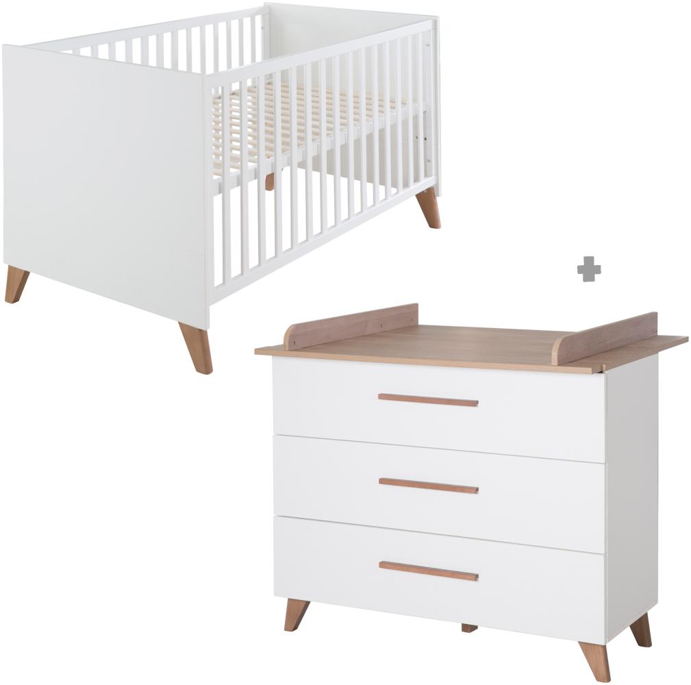 Roba Babymöbel Set 2-teilig 'Ole' - Kinderbett 70 x 140 cm umbaubar + Wickelkommode mit 3 Schubladen - Griffe & Füße aus Massivholz - Weiß / Dunkle Eiche Bild 1