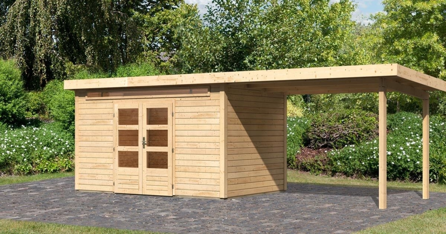 Gartenhaus Kandern 7 - 364x244 cm inkl. Anbaudach 3,20m, 28 mm Holz naturbelassen, Karibu Bild 1