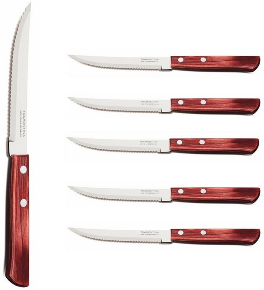 Tramontina Steakmesser Pizzamesser Set, im 6er Set – mit Holzgriff (6 Stück), FSC Echtholzgriff, rostfreier Edelstahl, spülmaschinenfest Bild 1