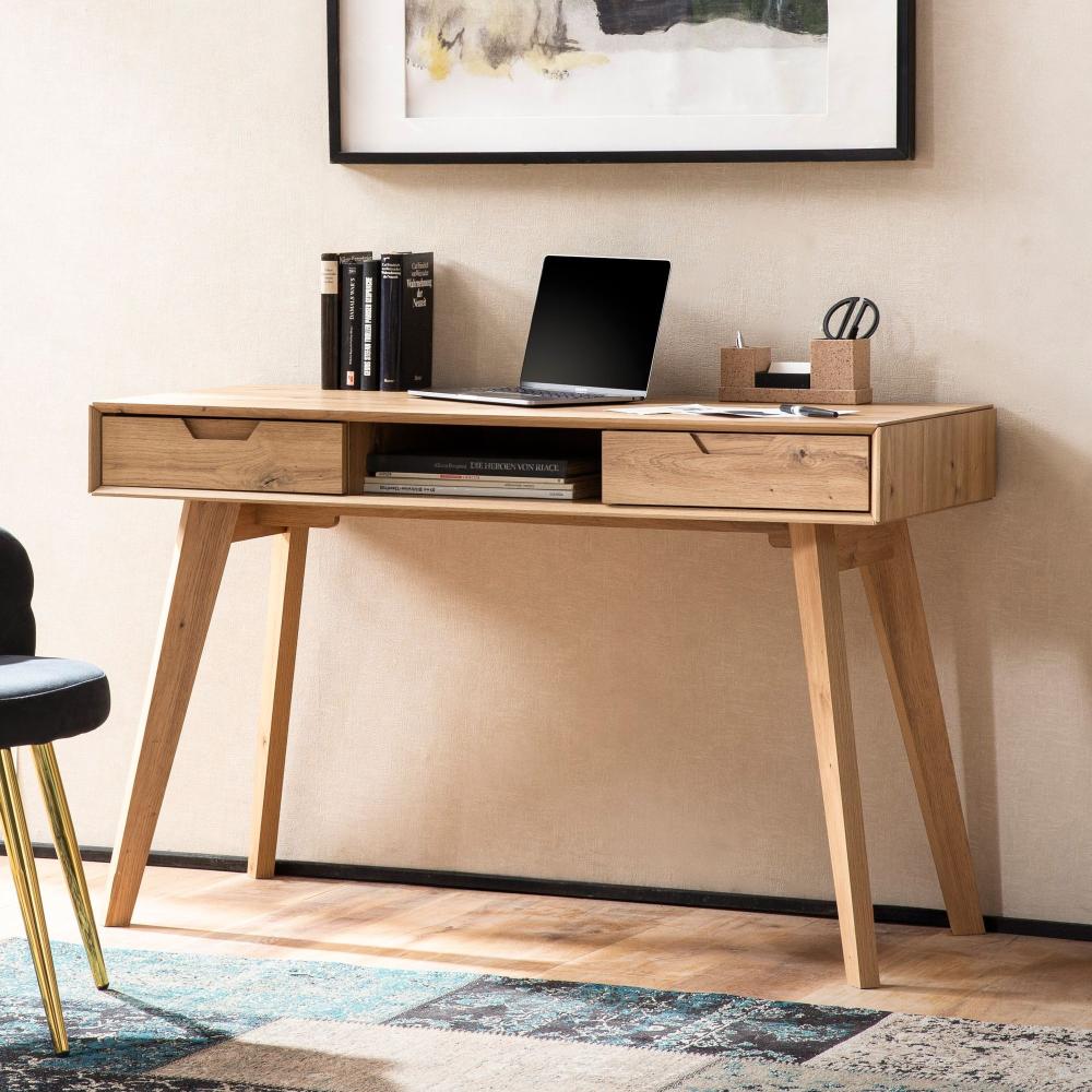 FineBuy Schreibtisch 120x55x77 cm Eiche Dekor mit Stauraum, Design Bürotisch Skandinavisch mit Schubladen, HomeOffice Laptoptisch Computertisch Arbeitszimmer mit Massivholzbeine Braun Bild 1