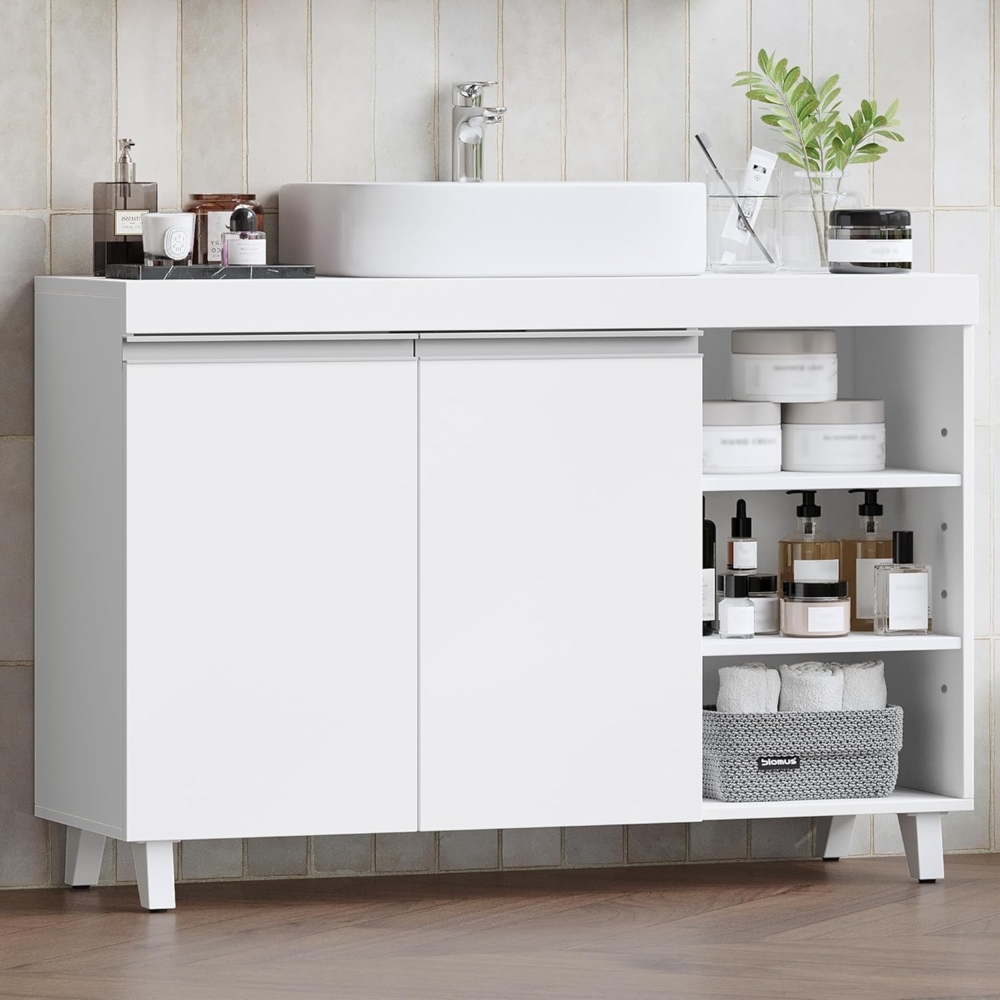 Waschbeckenunterschrank, Badezimmerschrank mit 2 Türen und 3 offene Fächer, Badezimmer Unterschrank, verstellbare Ablagen, freistehender Waschtischunterschrank, 30 x 90 x 64 cm, Weiß Bild 1