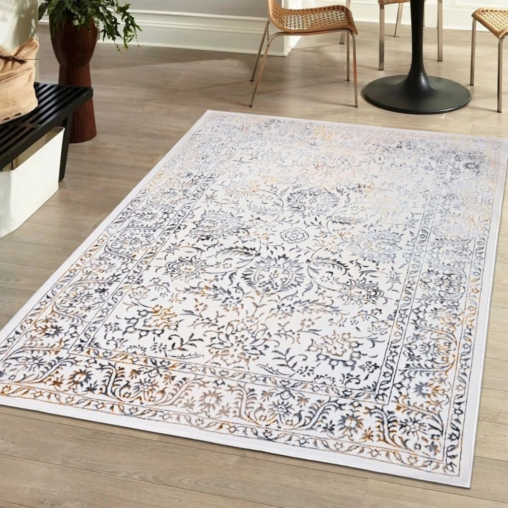 Mazovia Designteppich Vintage Teppich für Wohnzimmer - Glänzende - Creme mit Gold, 80 x 150 cm, Glänzende Vintage, Höhe 10 mm, Kurzflor - niedrige Florhöhe, Weich Bild 1