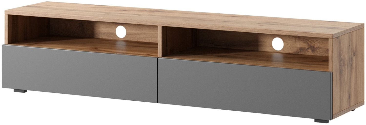Selsey 'Rednaw' TV-Schrank mit zwei Schubladen, Holzoptik Eiche / Hochglanz Grau mit LED, 140 cm Bild 1