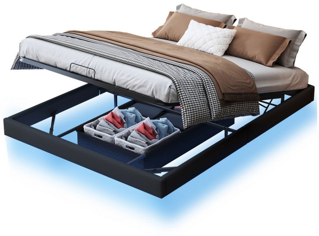 FUROKOY Polsterbett 160x200 cm LED Hydraulisches Doppelbett Stauraumbett Schwebendes Bett (mit Lattenrost Metall Bettrahmen Erwachsene Floating Bed Frame), Schwarzer(ohne matratze) Bild 1