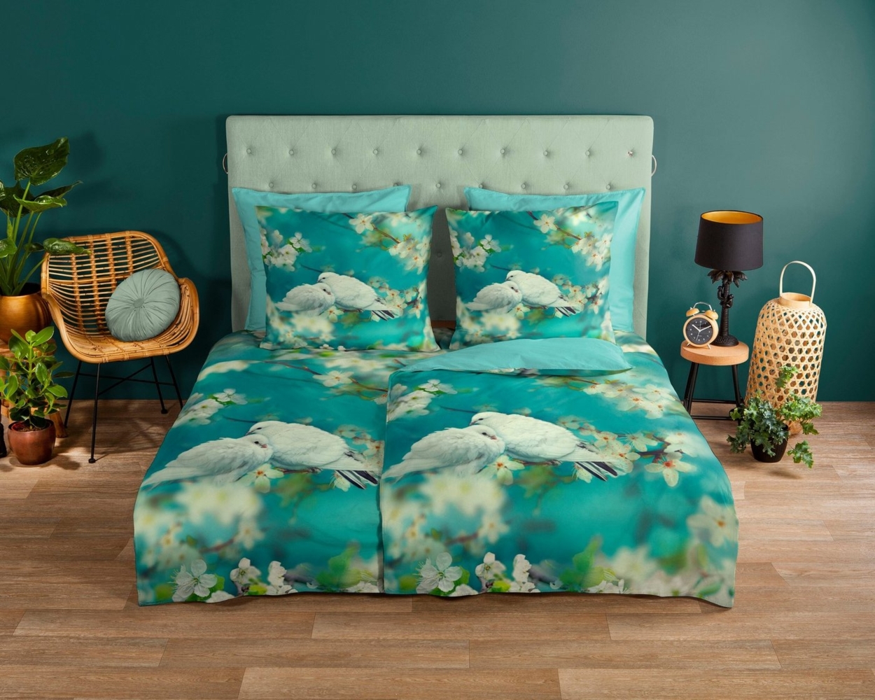 good morning Wendebettwäsche Loving, Renforcé, 2 teilig, 100% Baumwolle, 135x200, Reißverschluss, Wendeoptik, Taube, Türkis Bild 1