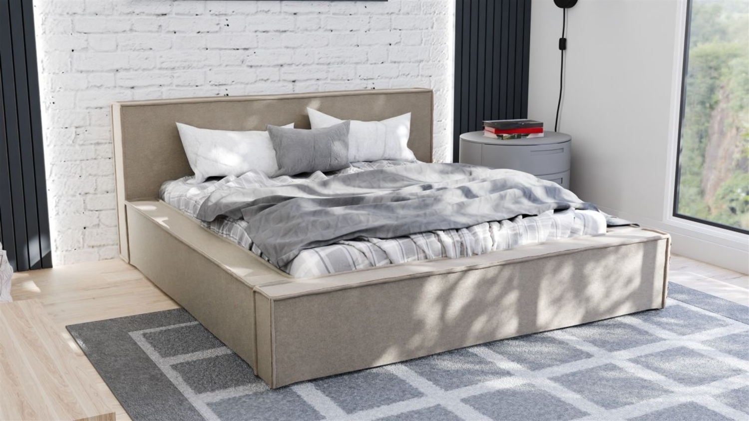 Polsterbett Doppelbett ALDANA 120x200cm Komplettset in Stoff Freya Hellbraun Bild 1