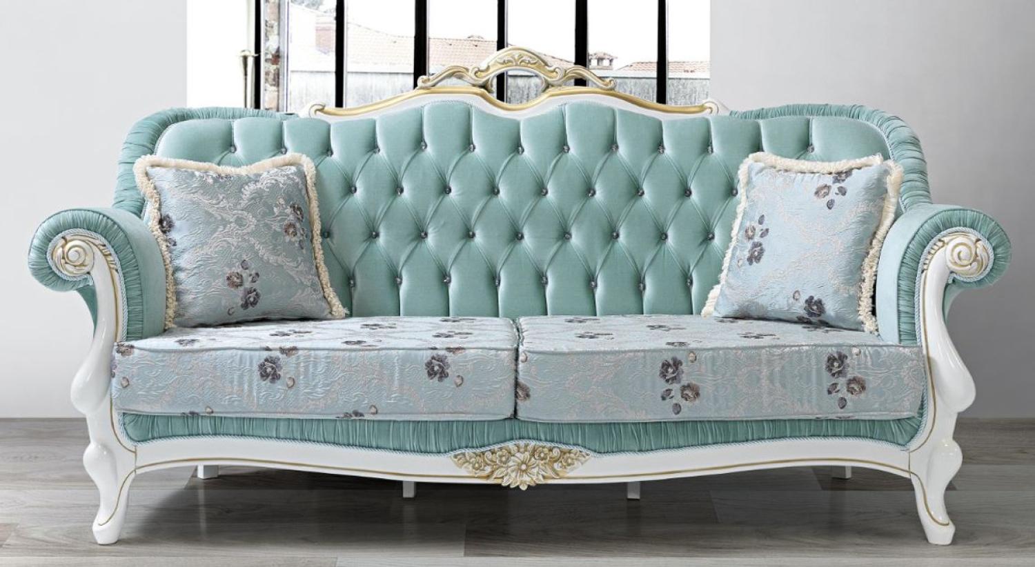 Casa Padrino Barock Wohnzimmer Sofa mit Glitzersteinen und Blumenmuster Hellgrün / Hellblau / Weiß / Gold 215 x 80 x H. 120 cm - Barock Möbel Bild 1