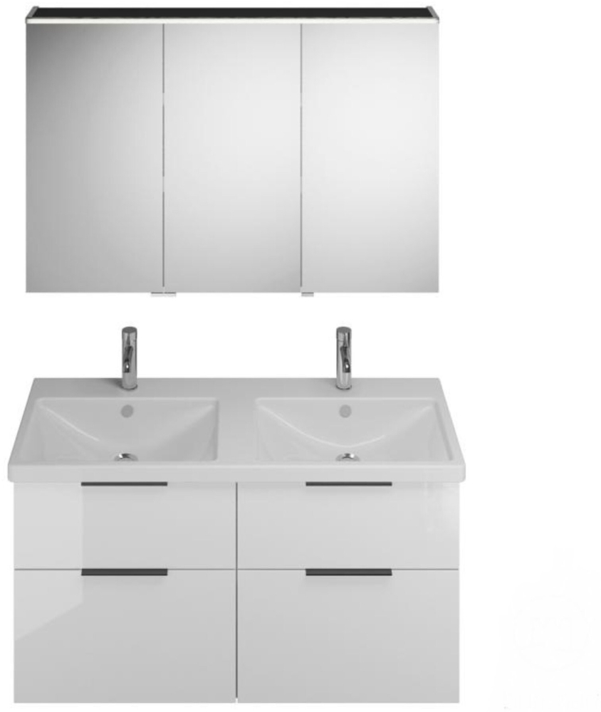 Burgbad EQIO Waschtisch Set mit Spiegelschrank 123 cm breit, Weiß Hochglanz, Doppelwaschbecken Keramik Weiß, 3-türig Anschlag rechts, 4 Schubladen Bild 1