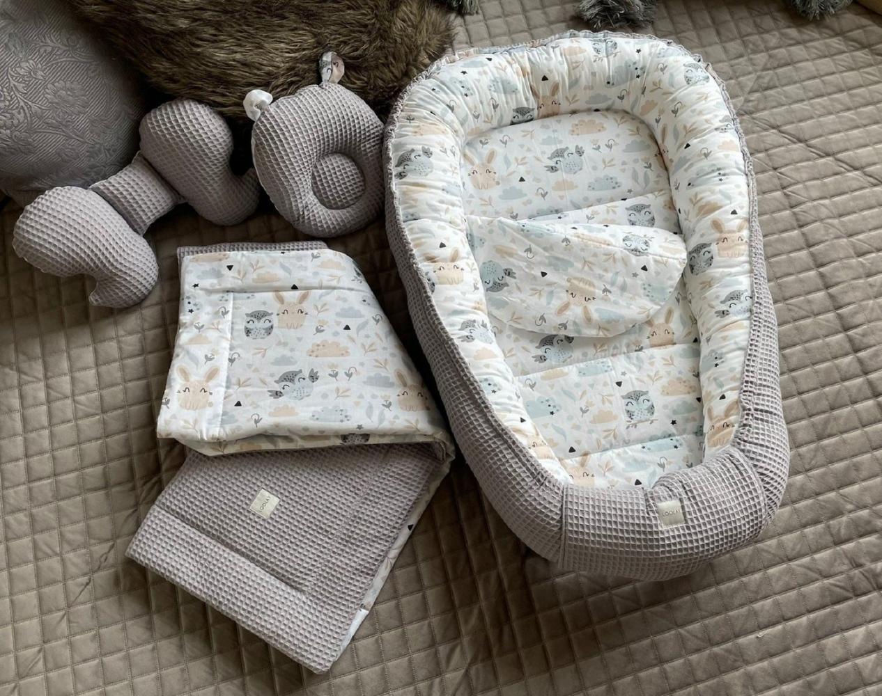 Loolay Bettnestchen GRAU Waffelpique/ HASE Beige Weiß BABYNEST Babyausstattung Neugeborene, (Super BABYGESCHENK Reisebett Nestchen SOLO/ o. in PREMIUM Geschenk SETS, 5-tlg, 4 Jahreszeiten ATMUNGSAKTIVER WAFFELSTOFF), LOOLAY® - 100% Europäische Stoffe u... Bild 1