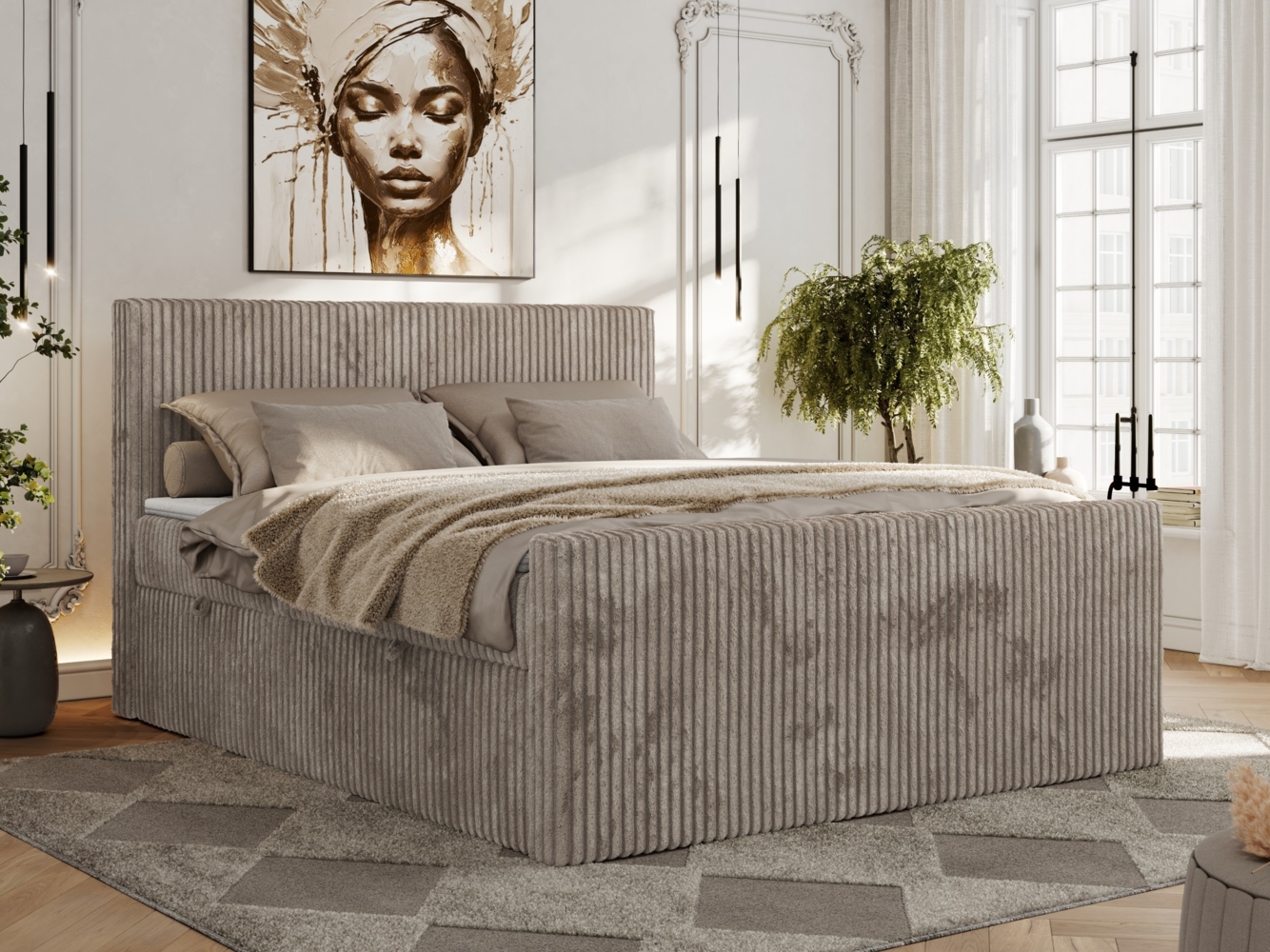 Boxspringbett, Doppelbett mit zwei Bettkästen und hohem Kopfteil aus Cordstoff - TILIANO DUO - 180 x 200 cm - Hellbraun Cord - H4 Bild 1