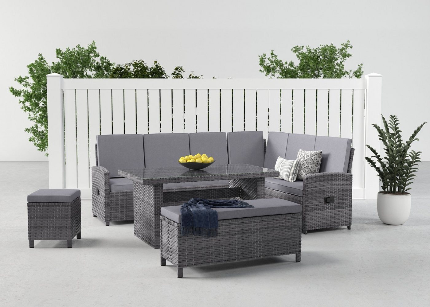 KONIFERA Gartenlounge-Set Paris, (Set, 17-tlg, 2x 3er Bank, 1x Sitzbank, 1x Hocker, 1x Tisch 140x80x67cm, Aluminium), inkl. Auflagen/Schutzhülle, Polyrattan, Rückenlehne verstellbar Bild 1