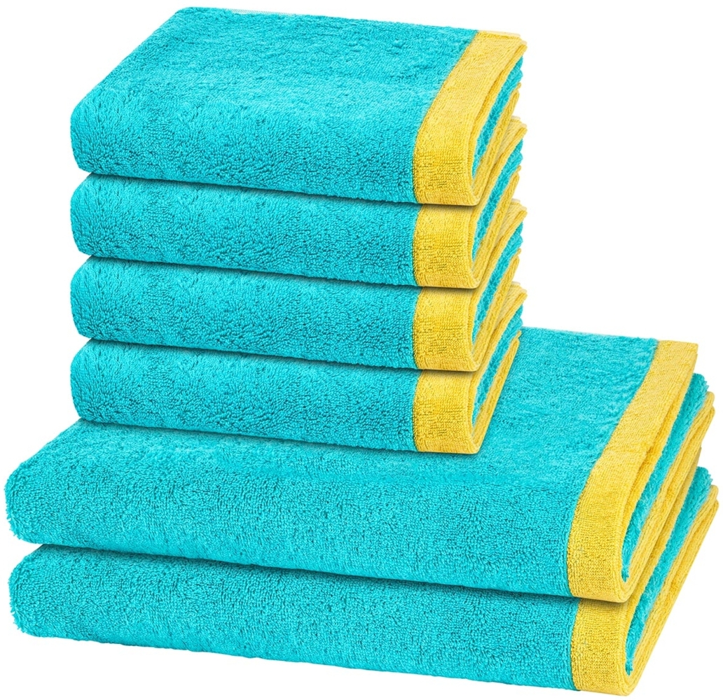 Cawö Lifestyle Splash 6 tlg. Frottier-Set - 4 X Handtuch (50 X 100cm), 2 X Duschtuch (70 X 140cm) - 522 g/m2 - Türkis / apricot Bild 1